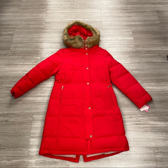 NWT Kate Spade Women’s L Red Long Parka Down Coat with Fur Trimmed Hood